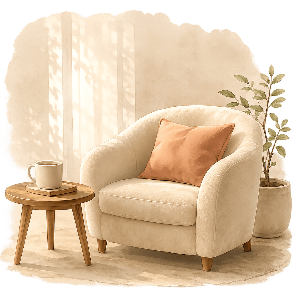 A cozy armchair with a cup and plant